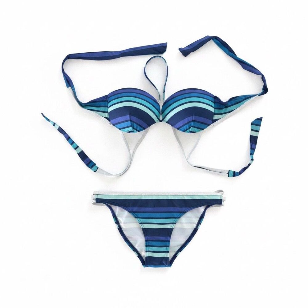 LASCANA for VENUS Bikini Swimsuit Set Blue Striped Underwire Top Size D Bottom 6